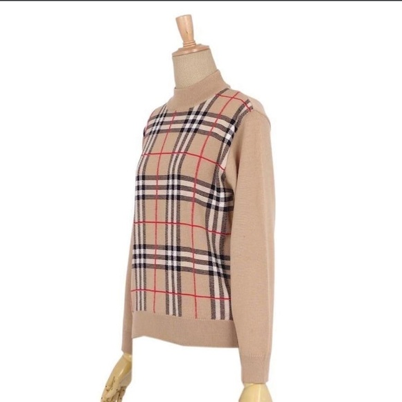 Vintage Knit Sweater Burberry vibe Old money Wool blend Plaid Tan/Black/Red S - Picture 2 of 15